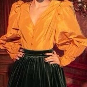 Women's Puff-Sleeve V-Neck Blouse in Mustard